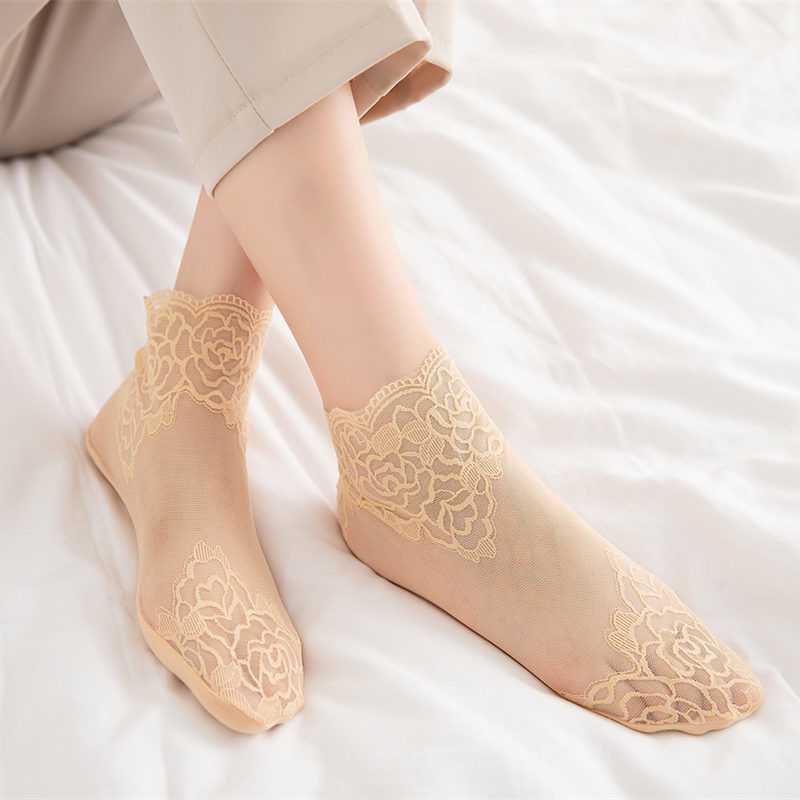 Женские шелковые носки с цветочной вышивкой, летние тонкие удобные дышащие хлопковые короткие женские кружевные нескользящие носки