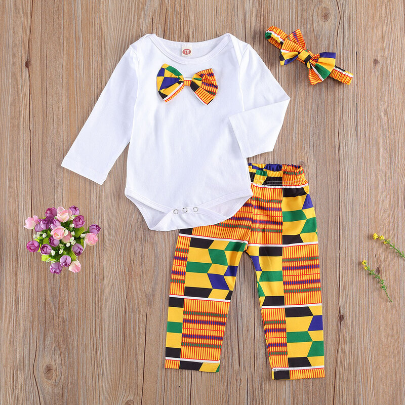 2020 Autumn Newborn Baby Girls Clothing Set Toddler Long Sleeve Solid Color Bowknot Decor Romper + Print Pants+ Headband 0-18M