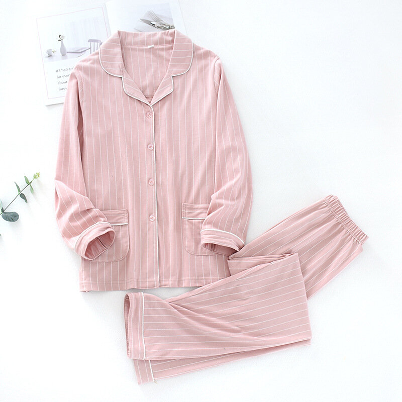 100% Cotton Women Pajamas Sets Turn-down Neck Shirt+Pants Comfort Long Sleeve Stripe Pyjamas Female Autumn Home Wear