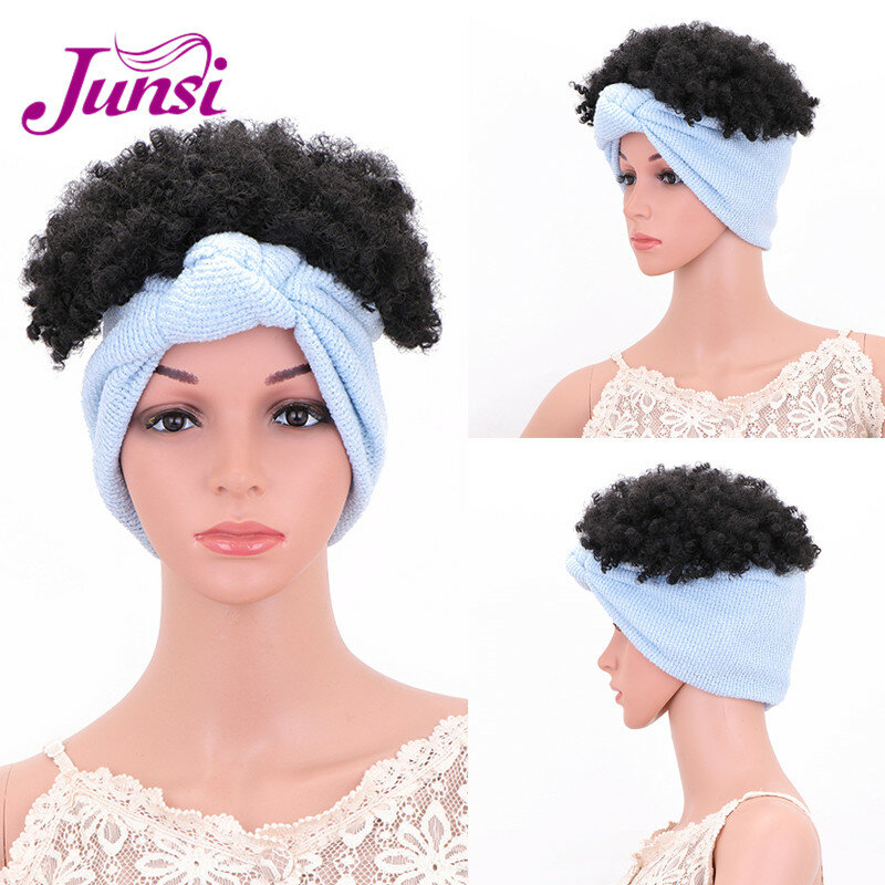 JUNSI-turbante de alta Puff con cordón, coleta sintética, corto, Afro, rizado, envoltura para la cabeza, 2 en 1, peluca con diadema