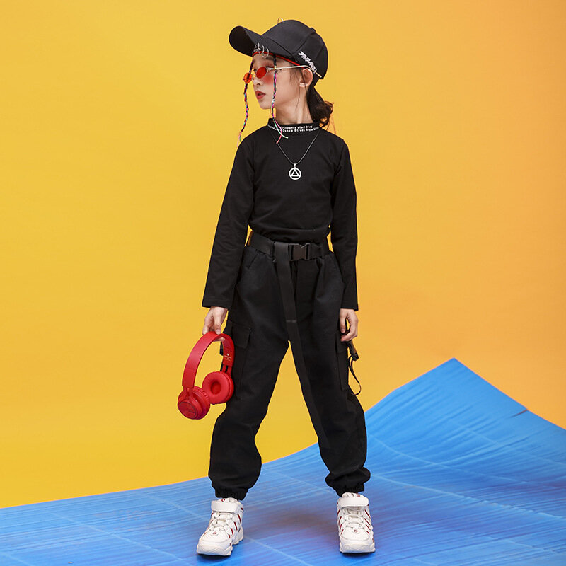 Baju Hip Hop Anak Kaus Lengan Panjang Leher Tiruan Atasan Streetwear CELANA Jogger Kargo Taktis untuk Anak Perempuan Set Baju Kostum Tari