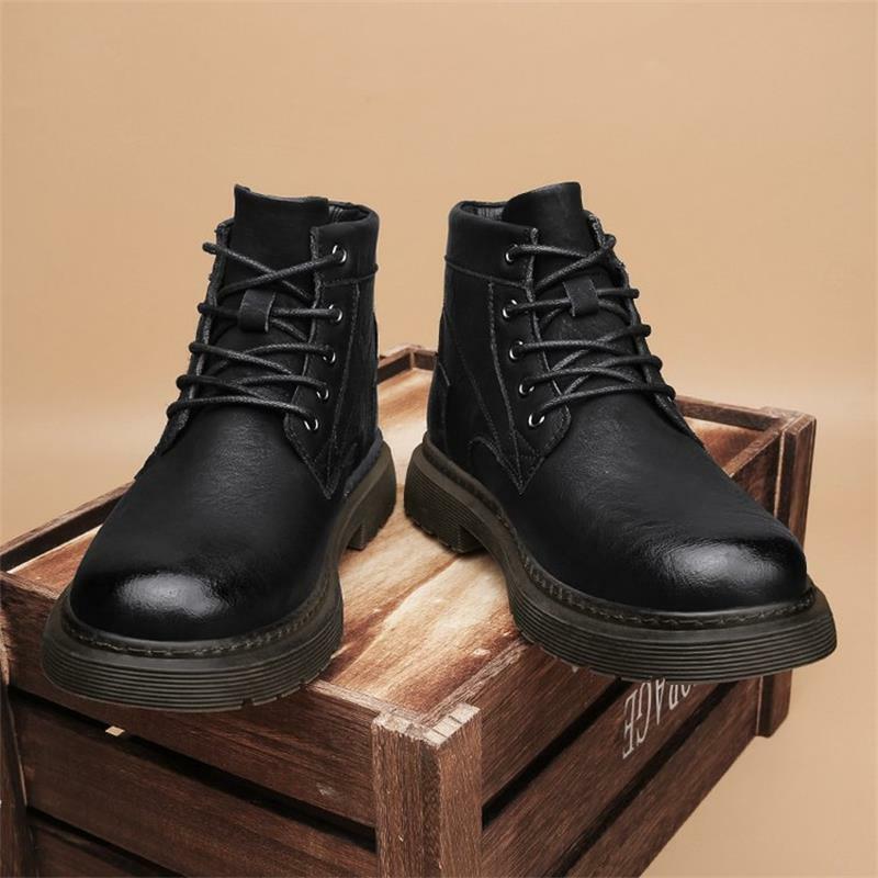 Winter New Men Shoes Black PU Classic Round Toe Thick Bottom Wingtip Lace-up Fashion Casual Trend All-match Outdoor Boots 6KF670