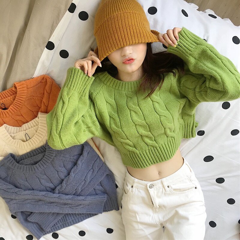 Suéter corto holgado informal para mujer, jersey de Color liso con manga larga, Color naranja, para Otoño e Invierno