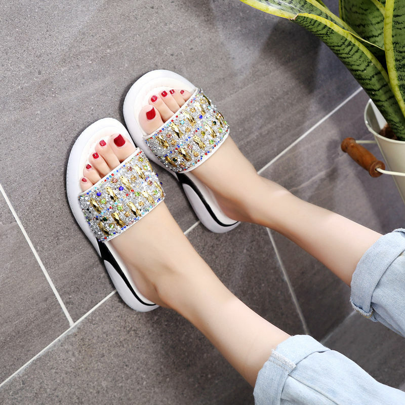 Women's Sandals and Slippers Fashion Thick-soled 2021 Korean Version of The Wild Net Red with Rhinestone Flat Sandals
