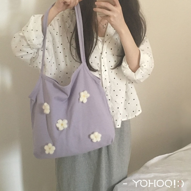 HOUZHOU Floral Shoulder Bags Female Tote Purple Canvas Handbags for Women 2021 Harajuku Travel Fancy