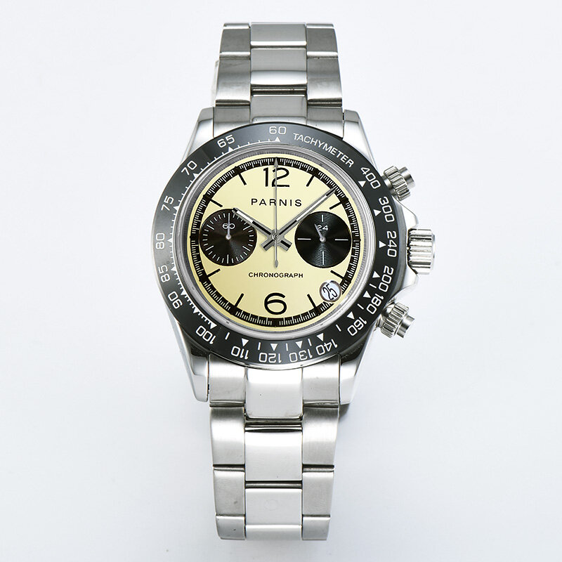 Moda parnis 39mm men quartz chronograph relógio à prova dvágua vidro de safira vk63 movimento aço inoxidável pulseira relógios de pulso