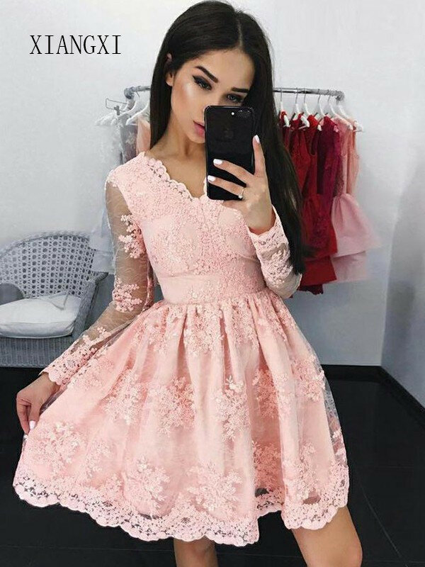 Curto Vestidos Pink Homecoming Dress Lace V-Neck Full Sleeves Above Knee Graduation Gowns Short Party Dress 2020