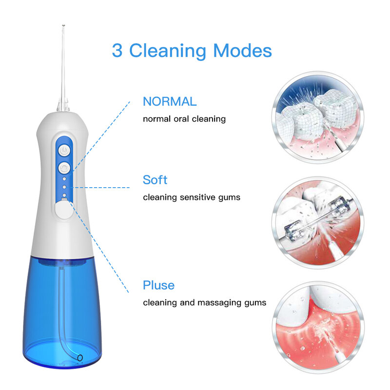 Irrigatore orale portatile per denti elettrici Flosser dentale per uso domestico tre modalità IPX7 impermeabile con ugelli 5 pezzi CE