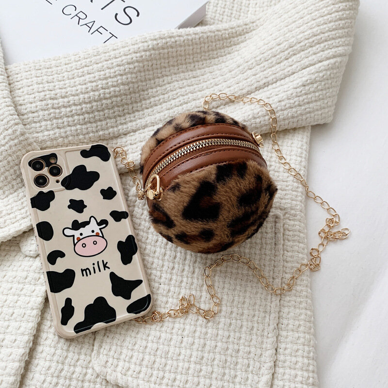 Mini bolso de hombro para mujer, Bolsa cruzada de hombro de felpa de leopardo, con cadena y bola redonda, de diseñador de lujo, invierno, 2021