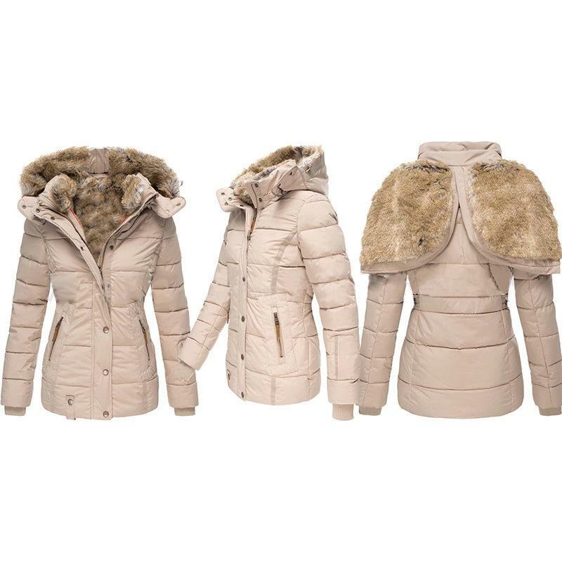 Europeu e americano inverno quente casual senhoras gola de pele único-breasted zíper cardigan manga longa algodão casaco com capuz
