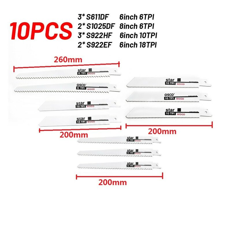10 Pcs Reciprozaag Blades 6/8 Inch 6/10/18 Tpi 10 Modellen Bimetaal Bladen Voor Snijden Hout Zachte Metalen dunne Buis Tool Onderdelen