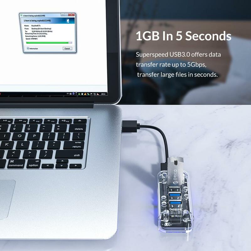 Прозрачный сетевой разветвитель ORICO на 4 и 7 портов, высокоскоростной USB с портом питания Micro USB для ноутбука, ПК, OTG-адаптер