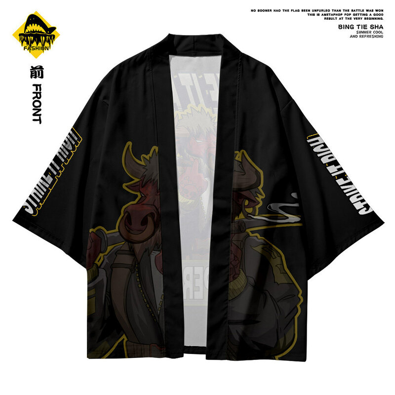 Camicia da uomo camicetta Yukata Haori Obi abbigliamento tradizionale Samurai Kimono maschile Cardigan e pantaloni con stampa nera Kimono giapponese