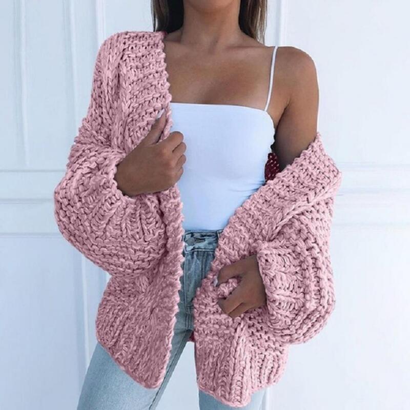 4 Colors Ladies Solid Color Sweater Cardigan Skin-friendly Leisure Lantern Sleeve Loose Knitted Cardigan Coat for Daily Life