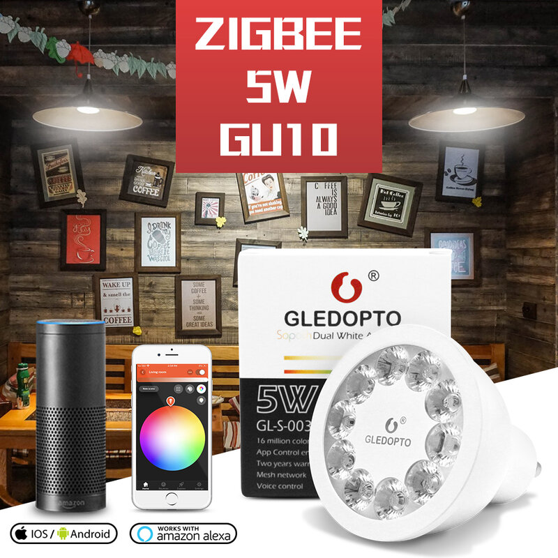 Zigbee-lâmpada inteligente led gu10, lâmpada que muda de cor, 5w, luz branca dupla, funciona com alexa, echo e plus