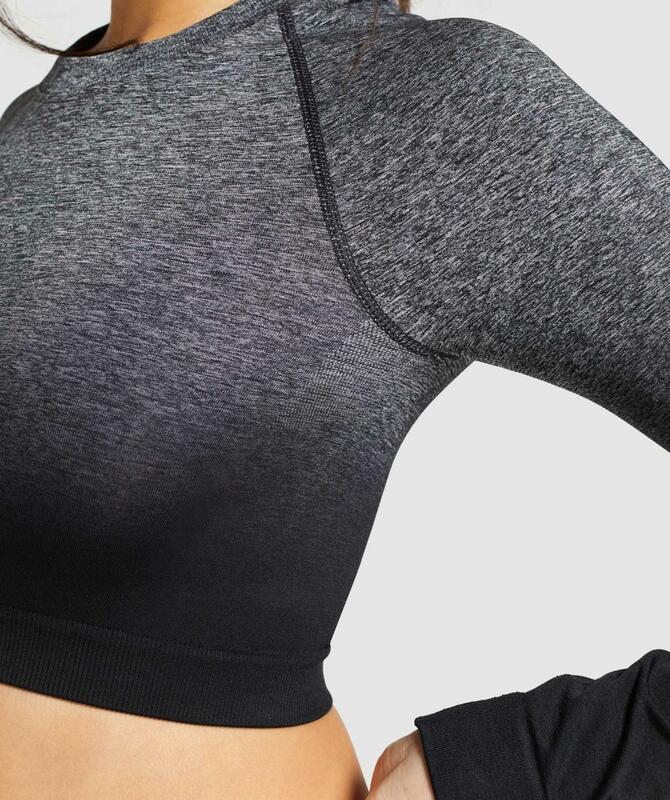 Bezszwowy Fitness joga T-Shirt z długim rękawem krótki Top elastyczny Ombre Jogging trening sportowy topy damskie koszulki na siłownię