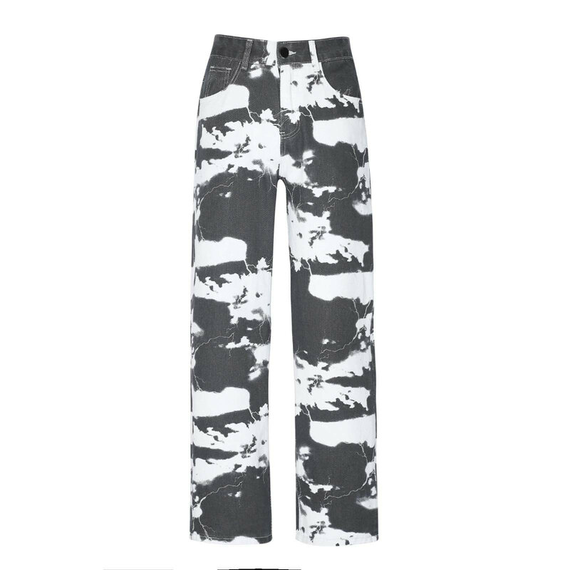 55 # Retro กางเกงยีนส์ Homme ผู้ชายหลวมตรง Streetwear Denim กางเกง Hip Hop กางเกงพิมพ์ Patchwork กางเกงตรงกางเกงยีนส์ผู้ชาย