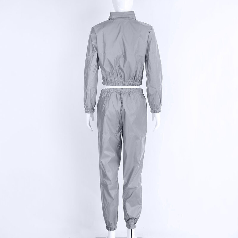 2021 moda 2 peça conjunto de fatos de treino feminino jaqueta reflexiva e calças compridas senhoras solto zíper brilho sweatsuit conjuntos