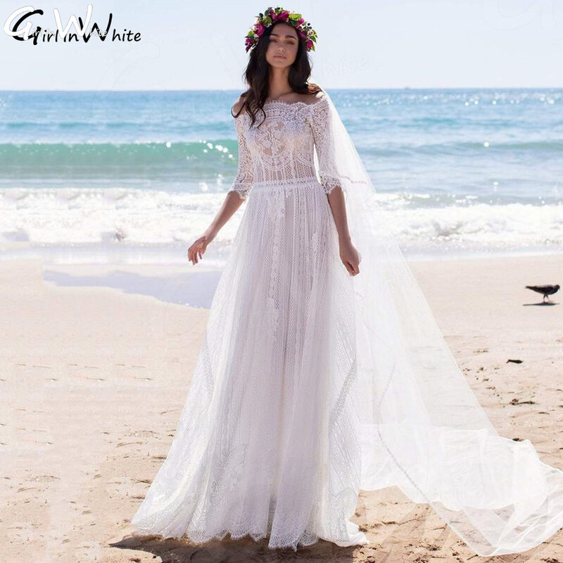 Женское свадебное платье It's yiiya, белое кружевное платье с вырезом лодочкой, рукавом 3/4, а-силуэт на пуговицах на лето