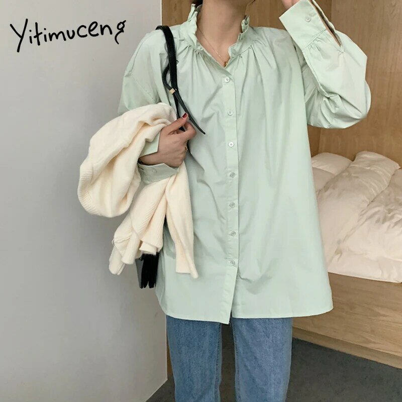Yitimuceng camisas mulher oversize botão up tops coreano moda blusa manga longa unicolor branco verde 2021 primavera verão novo