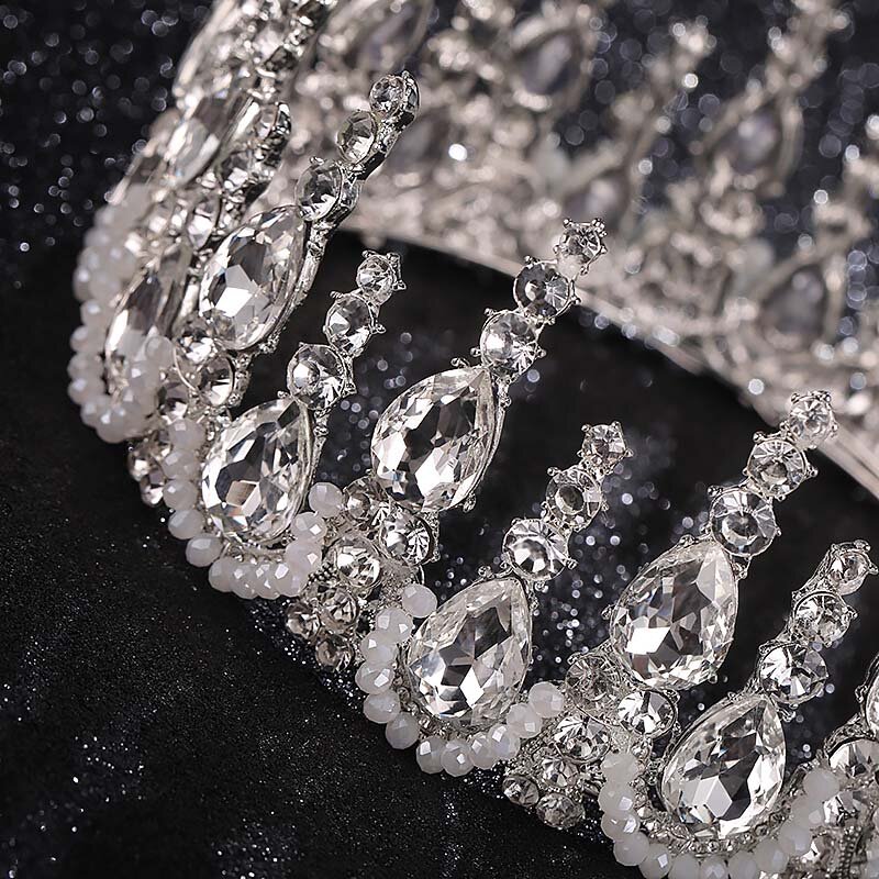 Silber Farbe Strass Stirnbänder Kristall Tiaras und Kronen Braut Hochzeit Haar Zubehör Prinzessin Pageant Runde diadema