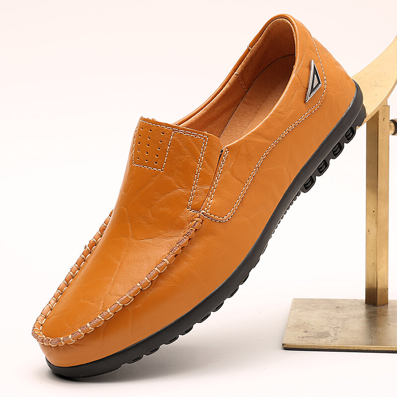 Chaussures en cuir antidérapantes pour hommes, décontractées, haut de gamme, plates, pour la conduite, à la mode, deux couches, respirantes, noires