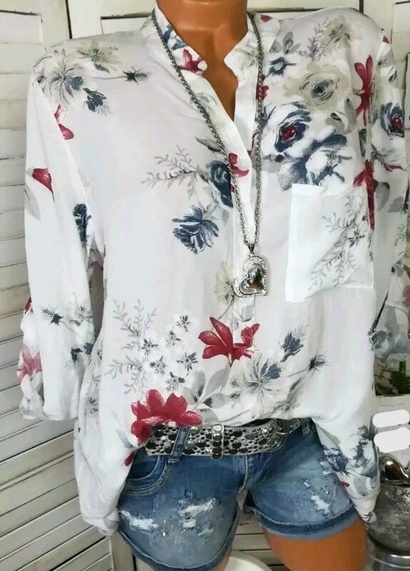 Verão blusas femininas blusas outono elegante manga comprida impressão com decote em v chiffon blusa blusa casual solto camisas plus size topo 5xl