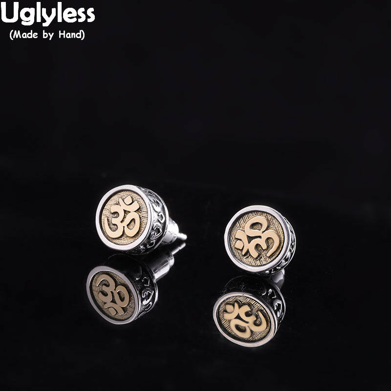 Uglyless Boeddhistische Zes-woord Mantra MINI Sieraden Sets voor Boeddhisten Unisex Mannen Vrouwen Stud Oorbellen + Ringen Echt 925 zilver S15