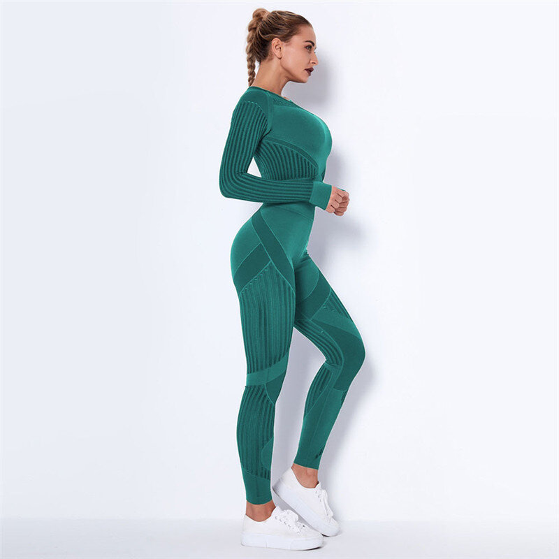 Комплект для йоги, новинка 2021, Женский бесшовный спортивный костюм из 2 предметов, одежда для тренировок, укороченный Топ с длинным рукавом, ...