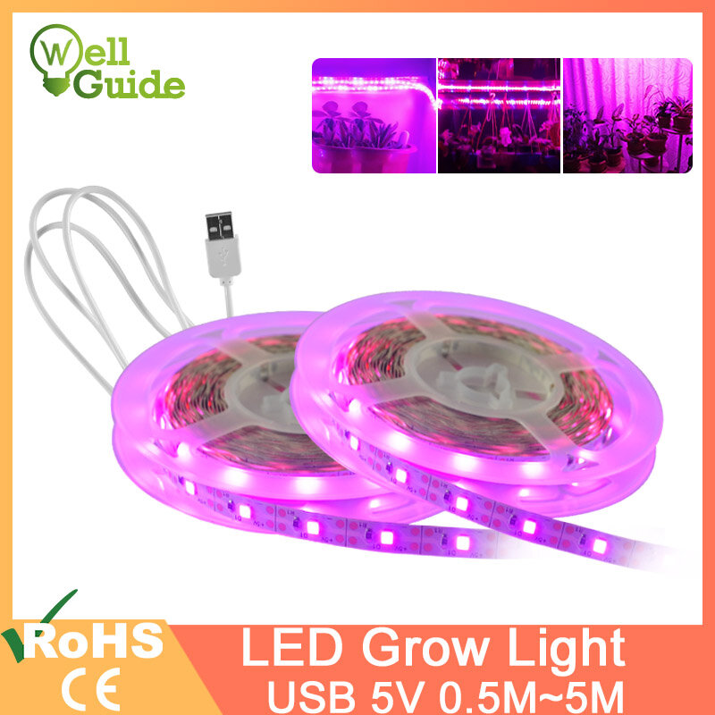 LED Grow Light LED Strip 1m2m 3m 4m 5m SMD Spektrum Penuh USB 5V2835 Chip LED Phyto lampu Untuk Rumah Kaca Hidroponik Tanaman Tumbuh