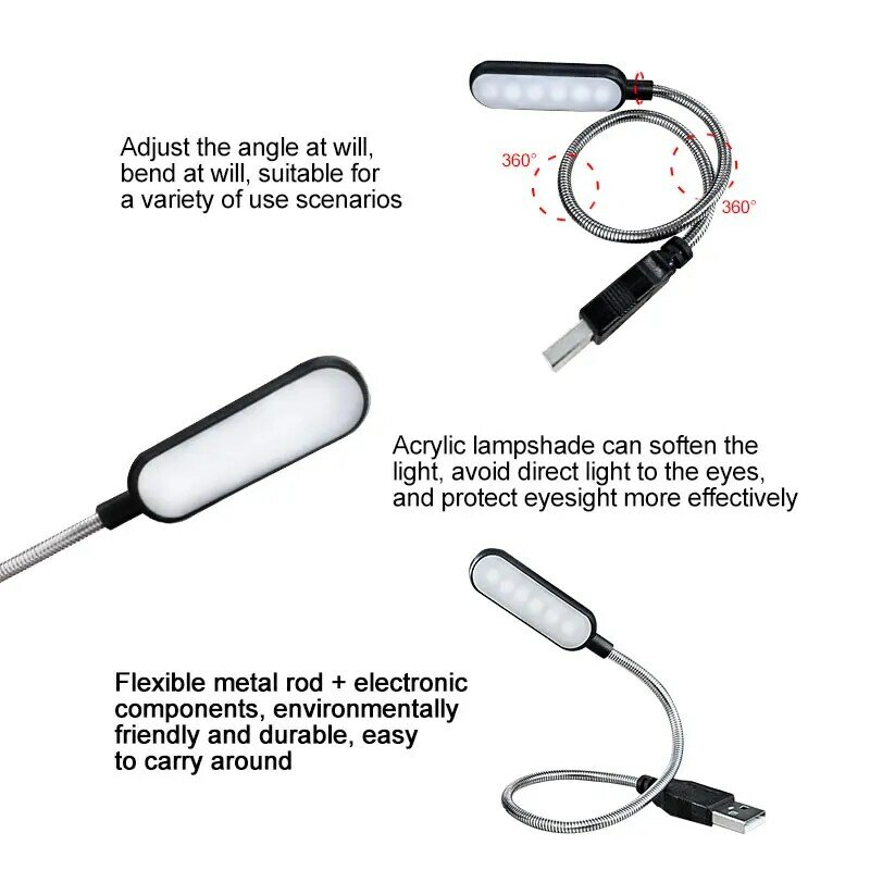 Mini lampe portable à 6LED avec support flexible, alimentée par USB, compatible power bank, ordinateur de bureau ou PC portable, idéale pour la lecture