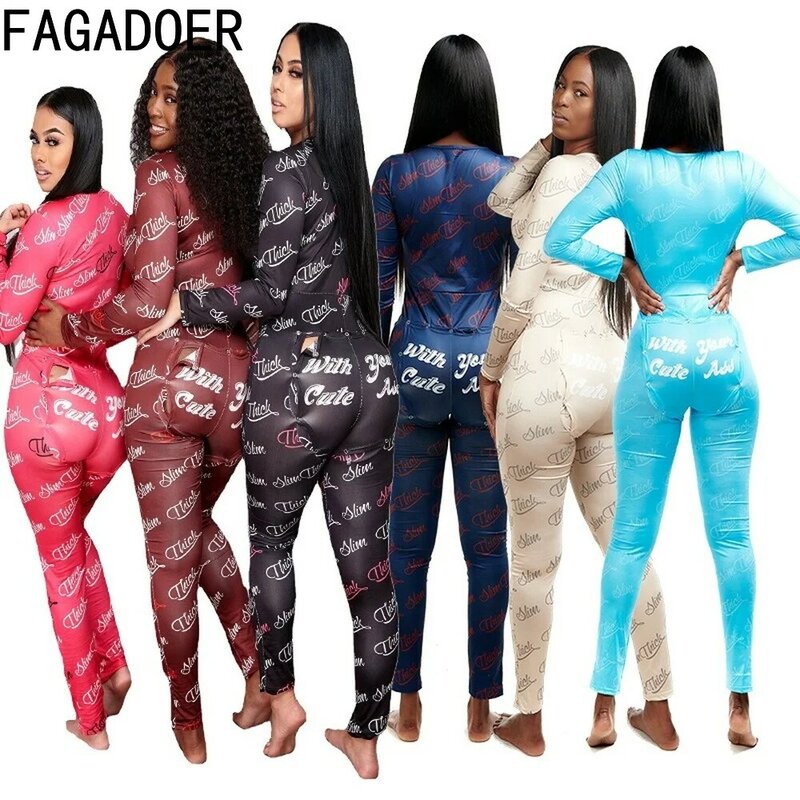 FAGADOER Women Christmas Print Jumpsuits with Butt Flap Sexy Bodycon Elasticity One Piece Rompers Casual Female Home Sleepwear