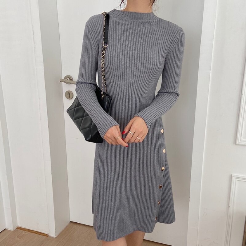 Hebe & Eos-vestido de punto de estilo coreano para mujer, prenda elegante de oficina, ceñida a la cintura, Simple, de Color sólido, manga larga, informal, Invierno