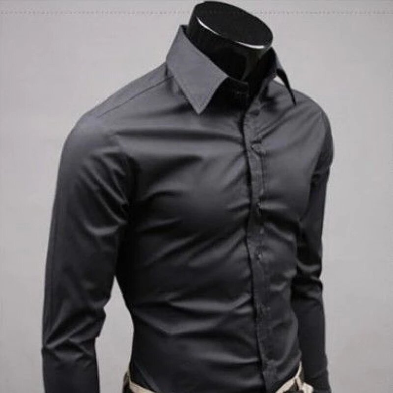 2021  Men's Solid Color T-shirt Long Sleeve Slim Fit Shirt Black White Top New