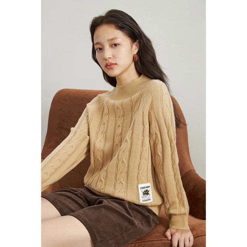 INMAN-suéter de cuello alto para mujer, ropa Vintage minimalista, Jacquard suelto, mantiene el calor, Top Beige, Otoño e Invierno