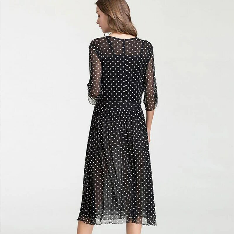 OLOMM 190# High-grade mulberry silk dress Mesh V-neck Big swing skirt Female Long skirt printing Wave point BSY9017