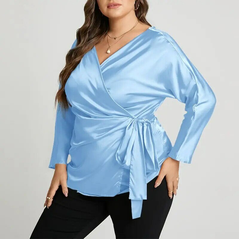 Vonda plus size blusa 2022 outono feminino cor sólida decote em v elegante cetim topos sexy camisas de festa manga longa blusas com cinto 5xl