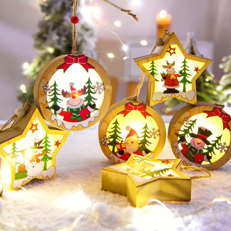 Kerst Nachtlampje Kerstboom Opknoping Lights Stars Sneeuwpop Decoratie Houten Lichten Herten Kroonluchter Woondecoratie