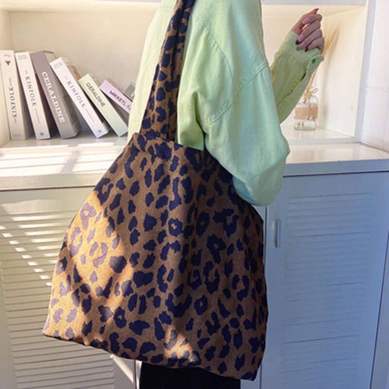 2021 New Corduroy Leopard Print Bag Ladies Shoulder Bag Women Casual Tote Shopping Bag Large Capacity Handbags Zipper Bag