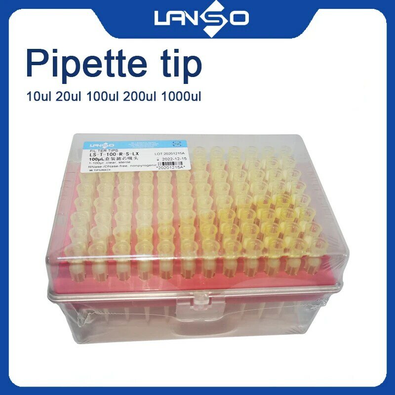Puntas de pipeta desechables, cabezal de succión de 100ul, elemento filtrante, en caja, esterilizado, sin DNase / RNase
