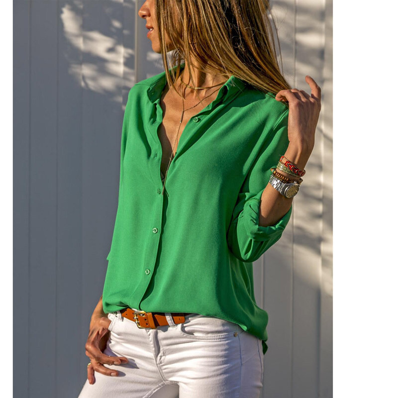 Frauen shirt Sommer Lange-ärmeln geknöpft einfarbig hemd turndown kragen casual kleidung bluse Weiß grün gelb rot blau