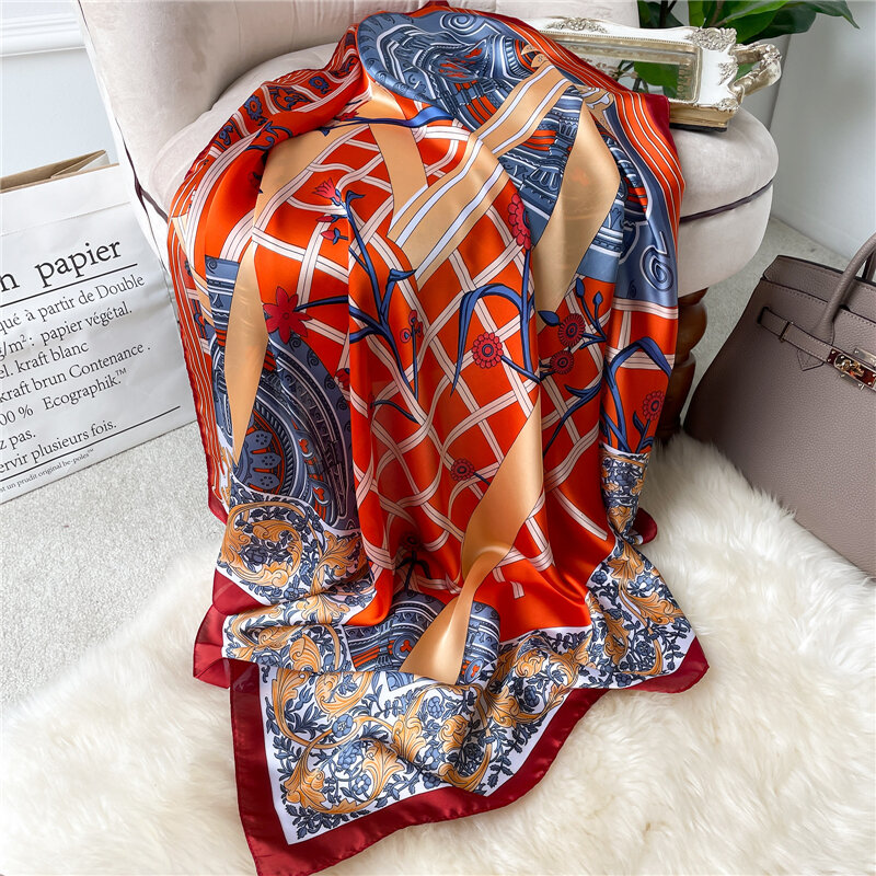 Foulard carré en Satin de soie pour femmes, Bandana de luxe, bandeau musulman, châle, sac enveloppant, 90x90cm