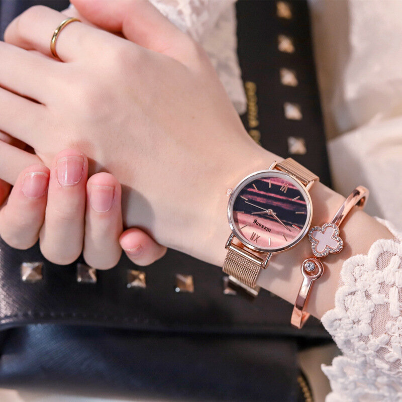 Ulzzang-Reloj de pulsera de cuarzo para mujer, cronógrafo con diseño de esfera a rayas, correa de malla de oro rosa, color verde