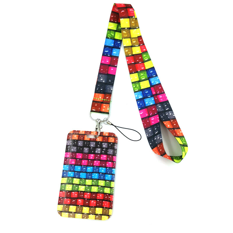 Cordão criativo de cor arco-íris com padrão geométrico, suporte de cartão para estudantes pendurado no pescoço cordão para celular, porta-cartões de acesso para metrô