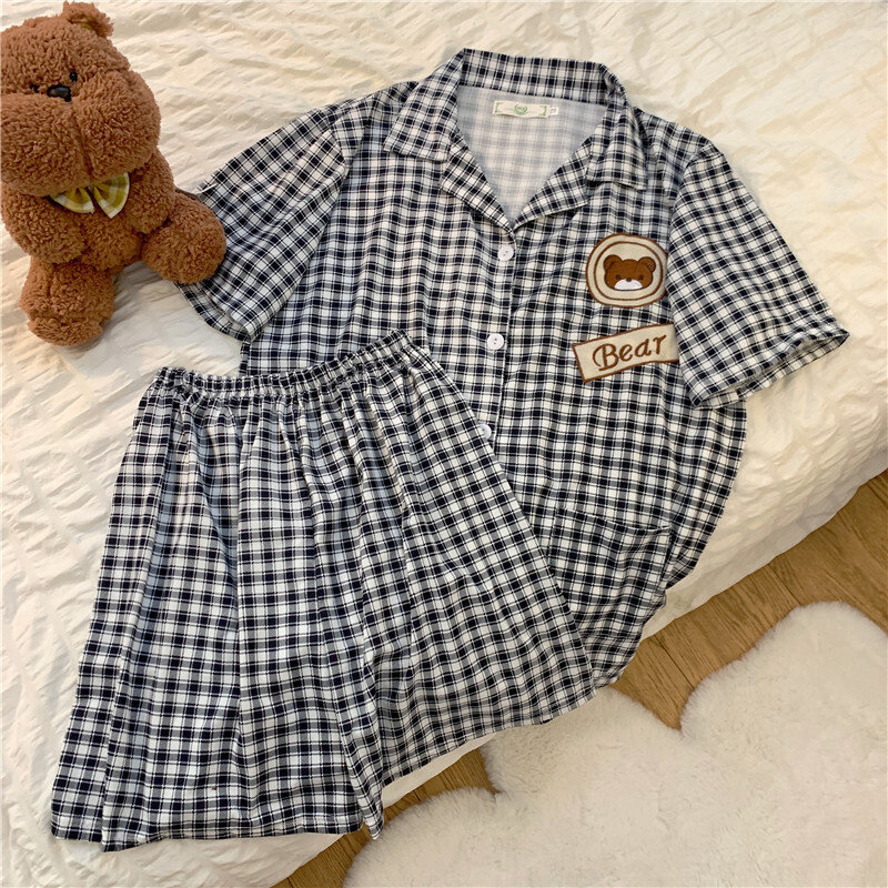 Conjunto de pijama de dos piezas para mujer, ropa de dormir coreana con estampado de oso, enrejado, reductor de edad, de manga corta, traje para casa, novedad de 2021