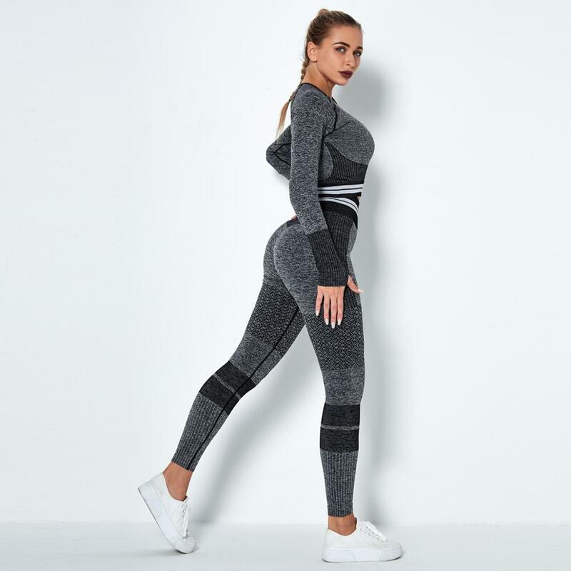 Feminino elástico ginásio roupas de treino roupas manga longa aptidão colheita superior cintura alta sem costura leggings feminino yoga esporte terno