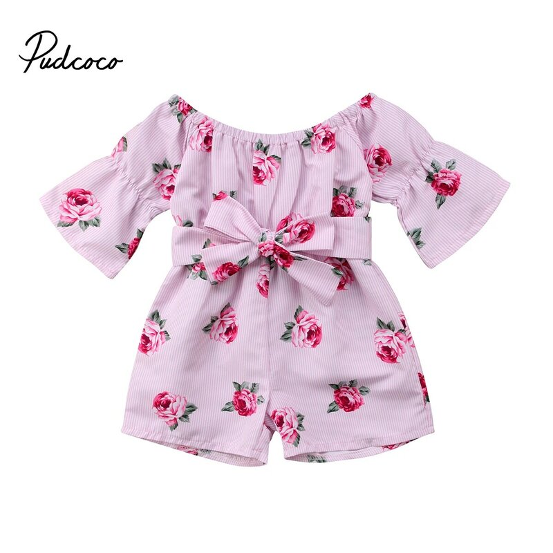 2019 Brand New Prinses Baby Meisje Bloemen Romper Off shoulder Flare Mouw Boog Gestreepte Jumpsuit Playsuit Outfit Sunsuit Kleding