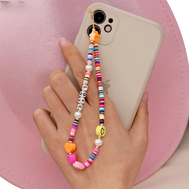 New Summer Colorful Soft Clay Mobile Phone Chain Lanyards for Women Girls Bohemia Smile Pearl Rope For Phone Case Hanging Cord