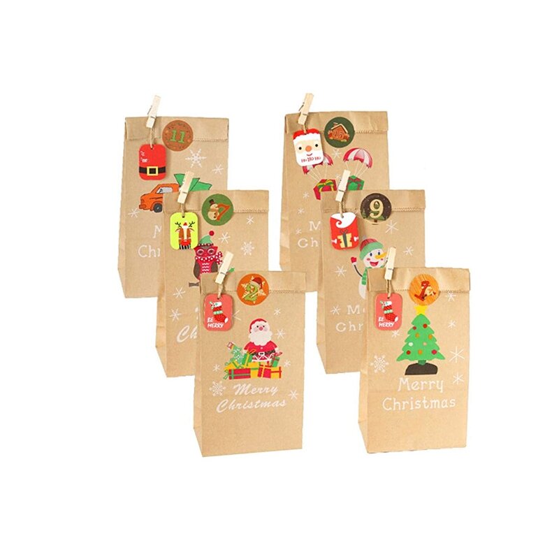 24 Set Christmas Advent Calendar Bags 24 Days Calendar Kraft Bags Xmas Party Bags for Christmas Decorations (Multicolor)