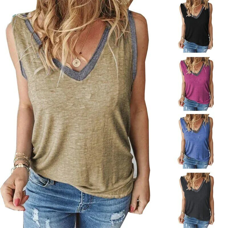 2023Summer Fashion Patchwork Women's T Shirt Tops Casual Loose Solid Sexy Deep V Neck Sleeveless Lady Fake Two Pieces Vest Basic